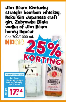 Aanbieding: Jim Beam Kentucky straight bourbon whiskey, Roku Gin Japanese craft gin, Zubrowka Biala vodka of Jim Beam honey liqueur