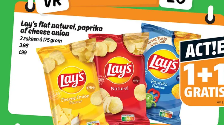 Aanbieding: Lay's flat naturel, paprika of cheese onion
