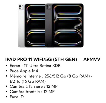 Offre: IPAD PRO 11 WIFI/5G (5TH GEN)