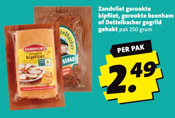 Aanbieding: Gerookte kipfilet, gerookte beenham of Dettelbacher gegrild gehakt