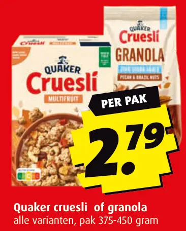 Aanbieding: Quaker cruesli of granola