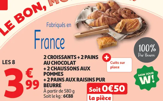 Offre: 2 croissants + 2 pains au chocolat + 2 chauss