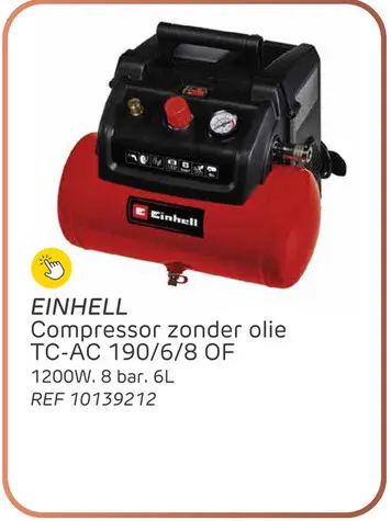 Aanbieding: Einhell compressor tc-ac 190/6/8 of - olievrij - 6l - 8 bar - 1200w