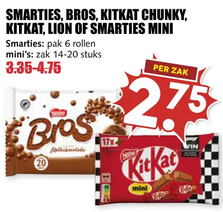Aanbieding: Smarties, Bros, KitKat chunky, KitKat, Lion of Smarties mini