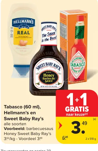 Promotie: Tabasco (60 ml), Hellmann's en Sweet Baby Ray