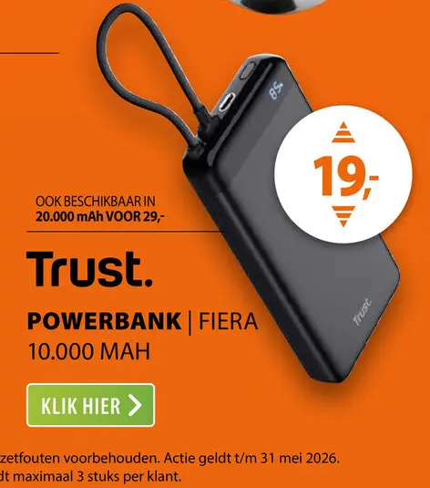 Aanbieding: Trust Fiera 10.000 mAh Powerbank met geïntegreerde kabel