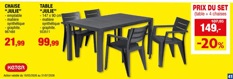 Offre: Julie table de jardin 147x90x75 cm graphite