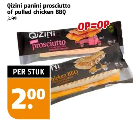 Aanbieding: Qizini panini prosciutto of pulled chicken BBQ