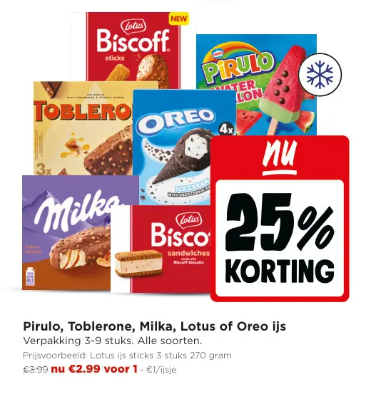 Promotie: Pirulo, Toblerone, Milka, Lotus of Oreo ijs