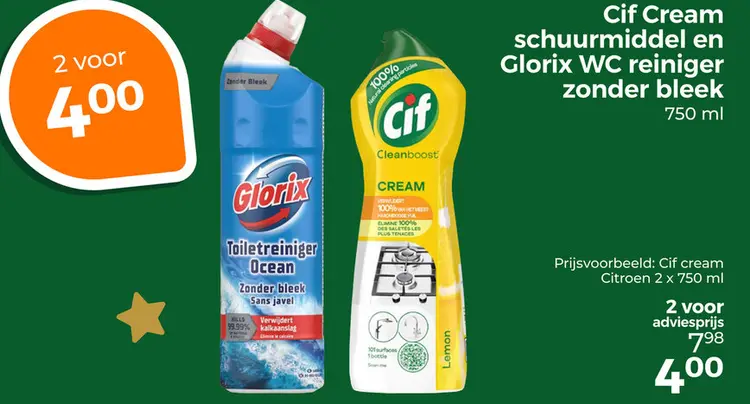 Aanbieding: Cif Cream schuurmiddel en Glorix WC reiniger 