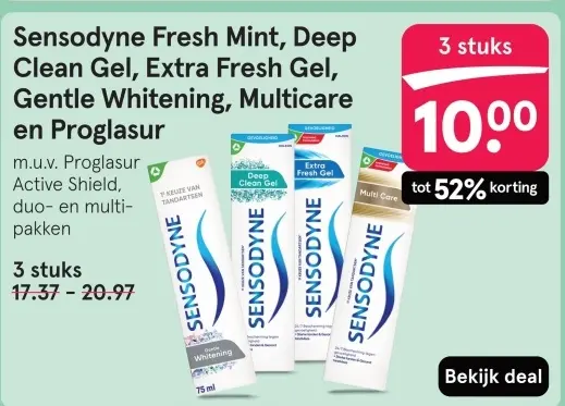 Aanbieding: Sensodyne Fresh Mint, Deep Clean Gel, Extra Fresh Gel, Gentle Whitening, Multicare en Proglasur