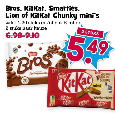 Aanbieding: Bros, KitKat, Smarties, Lion of KitKat Chunky mini's