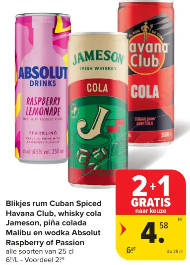 Promotie: Blikjes rum Cuban Spiced Havana Club, whisky cola Jameson, piña colada Malibu en wodka Absolut Raspberry of Passion