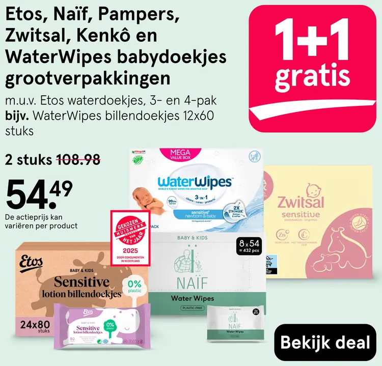 Aanbieding: Etos, Naïf, Pampers, Zwitsal, Kenkô en WaterWipes babydoekjes grootverpakkingen