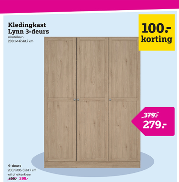 Aanbieding: Kleerkast Lynn 3-deurs - eikenkleur - 200x147x62 cm