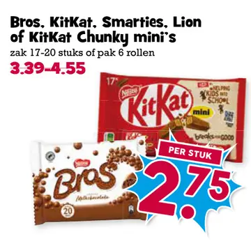 Aanbieding: Bros, KitKat, Smarties, Lion of KitKat Chunky mini's