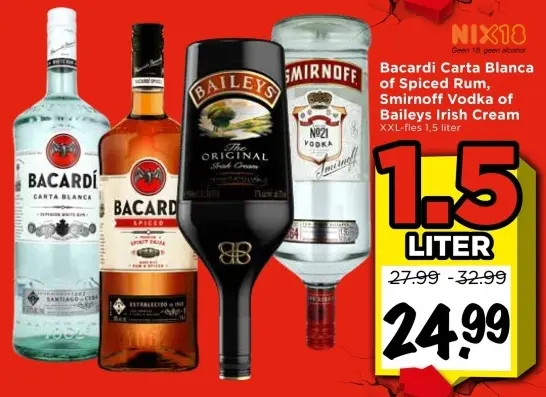 Aanbieding: Bacardi Carta Blanca of Spiced Rum, Smirnoff Vodka of Baileys Irish Cream