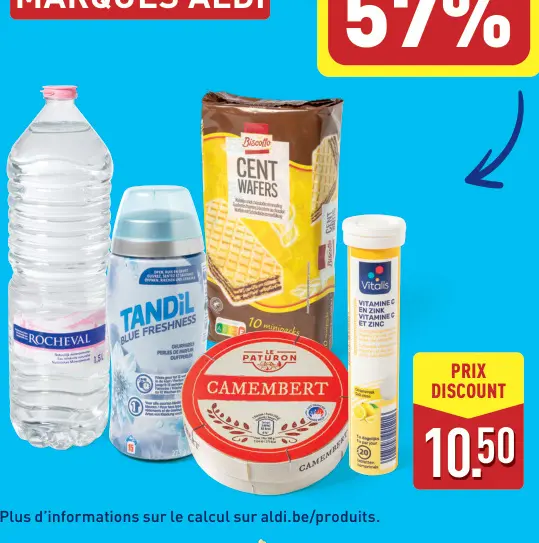 Offre: Eau minérale, adoucissant, gaufrettes, camemb