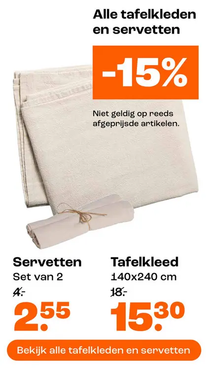 Aanbieding: Alle tafelkleden en servetten