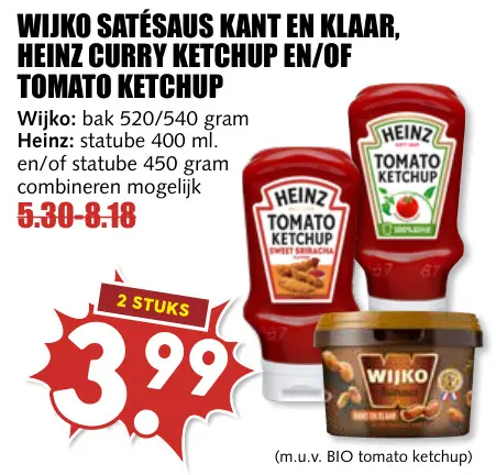 Aanbieding: Satésaus kant en klaar, curry ketchup en/of tomato ketchup