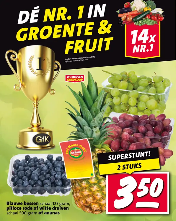 Aanbieding: Blauwe bessen, pitloze rode of witte druiven of ananas