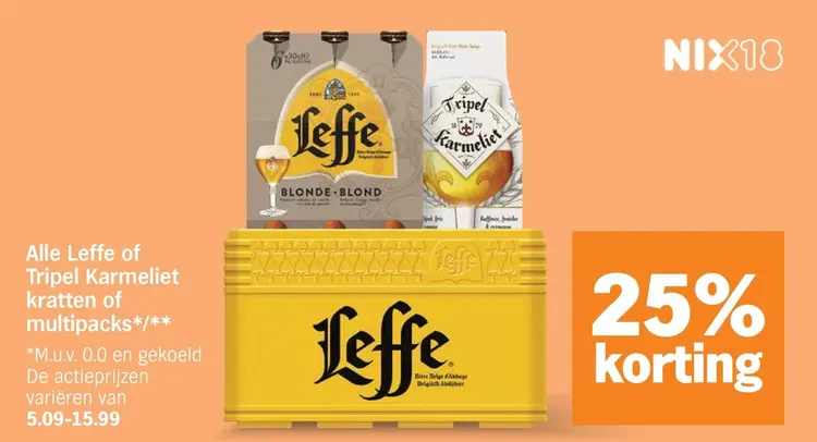Aanbieding: Alle Leffe of Tripel Karmeliet kratten of multipacks