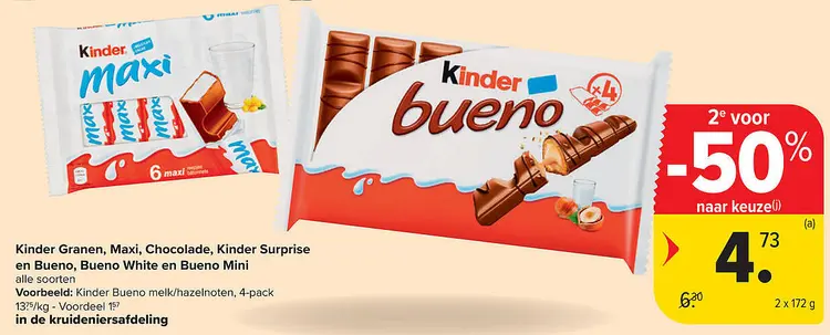Aanbieding: Kinder Granen, Maxi, Chocolade, Kinder Surprise en Bueno, Bueno White en Mini