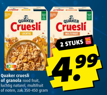 Aanbieding: Quaker cruesli of granola