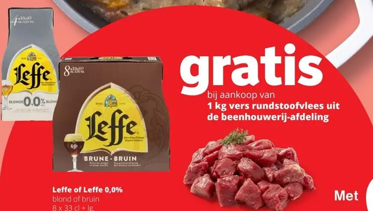 Promotie: Leffe of Leffe 0,0% blond of bruin gratis bij aankoop van 1 kg vers rundstoofvlees