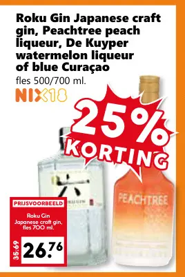 Aanbieding: Roku Gin Japanese craft gin, Peachtree peach liqueur, De Kuyper watermelon liqueur of blue Curacao