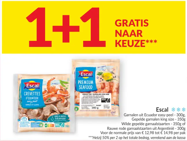 Promotie: Escal Garnalen uit Ecuador easy-peel, gepelde garnalen king size, wilde gepelde garnaalstaarten of rauwe rode garnaalstaarten uit Argentinië