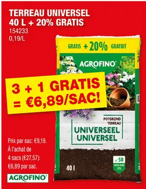 Offre: Agrofino terreau universel 40l + 20 % gratuit
