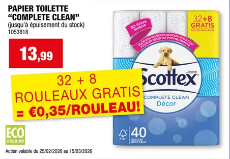 Offre: Scottex Complete Clean Décor papier toilette 32+8 gratuits