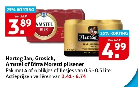 Aanbieding: Hertog Jan, Grolsch, Amstel of Birra Moretti