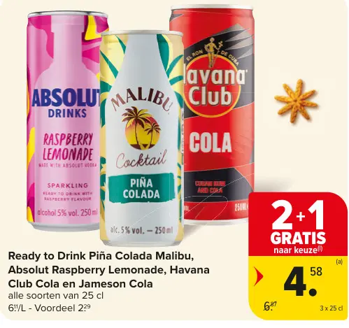 Promotie: Ready to Drink Piña Colada Malibu, Absolut Raspberry Lemonade, Havana Club Cola en Jameson cola