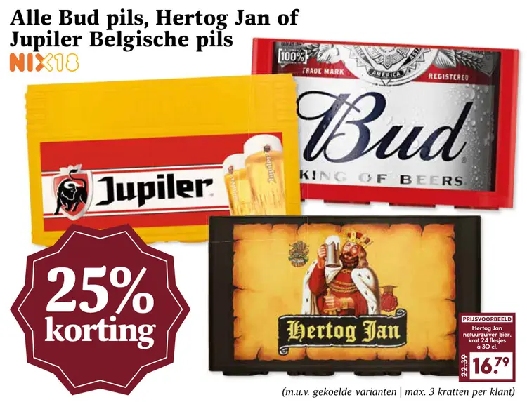 Aanbieding: Alle Bud pils, Hertog Jan of Jupiler Belgisch