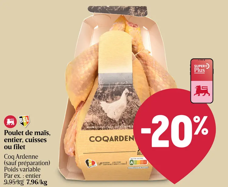 Offre: Poulet de maïs, entier, cuisses ou filet