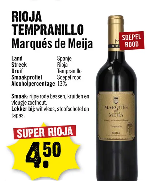 Aanbieding: Marqués de Mejia Rioja Tempranillo 75 cl