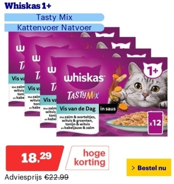 Aanbieding: Whiskas 1+ - Tasty Mix - Kattenvoer Natvoer - Vis van de dag in saus - maaltijdzakjes 48 x 85 g