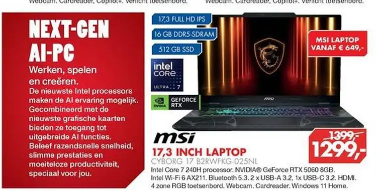 Aanbieding: Msi 17,3 inch laptop cyborg 17 b2rwfkg-025nl