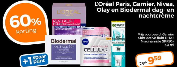Aanbieding: L'Oréal Paris, Garnier, Nivea, Olay en Biodermal dag- en nachtcrème