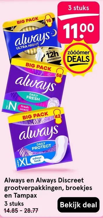 Aanbieding: Always en Always Discreet grootverpakkingen, broekjes en Tampax