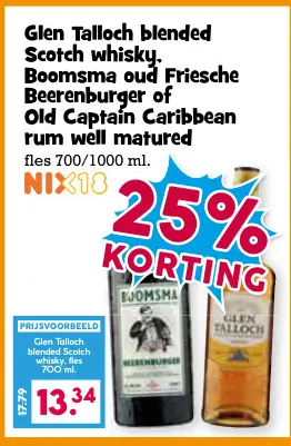 Aanbieding: Glen Talloch blended Scotch whisky, Boomsma oud Friesche Beerenburger of Old Captain Caribbean rum well matured