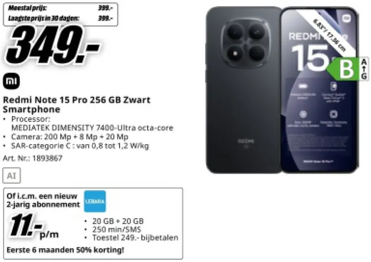 Aanbieding: Redmi Note 15 Pro 256 GB Zwart Smartphone
