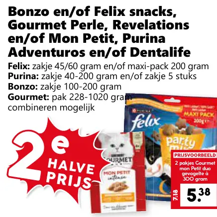 Aanbieding: Bonzo en/of Felix snacks, Gourmet Perle, Revelations en/of Mon Petit, Purina Adventuros en/of Dentalife