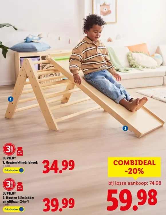 Promotie: Combideal  houten klimdriehoek of houten klimladder en glijbaan 2-in-1