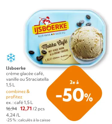 Offre: crème glacée café, vanille ou Straciatella