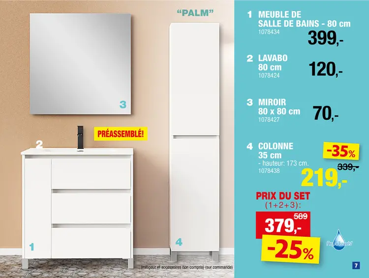 Offre: Aquatrends Palm meuble lavabo 80cm 1 porte + 3 tiroirs blanc mat