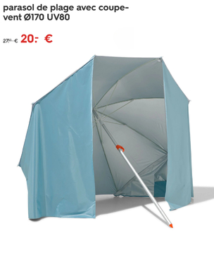 Offre: parasol de plage avec coupe- vent Ø170 UV80