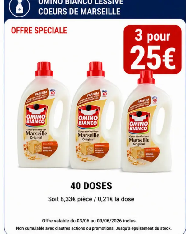 Offre: Omino bianco lessive coeurs de marseille